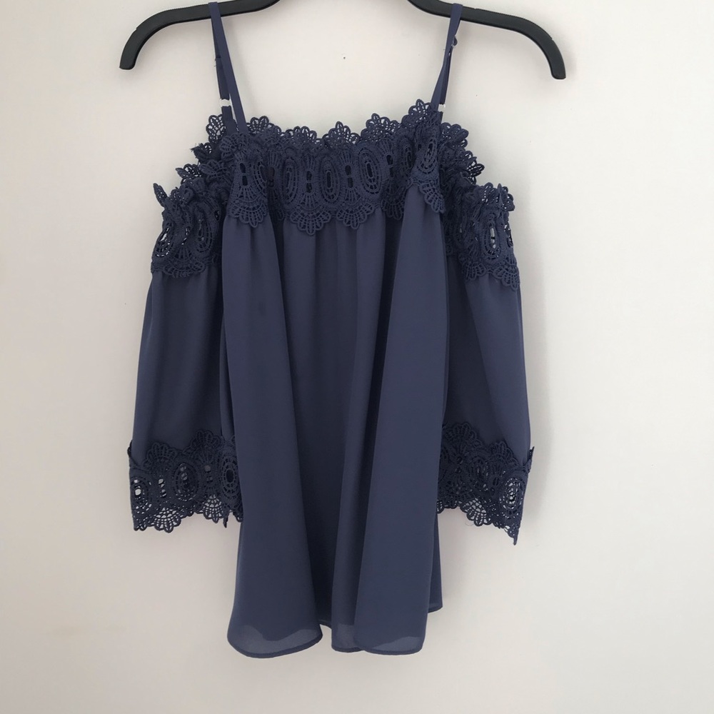 Lace trim blue off the shoulder blouse